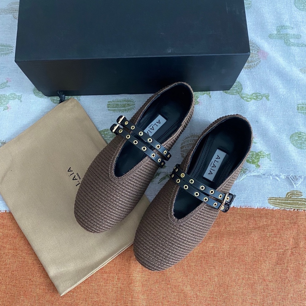Alaïa Brown Woven Mary Jane Flats with Studded Black Strap